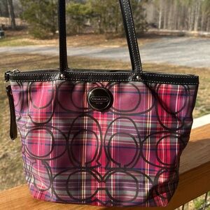 GUC 💝 Coach Poppy Tartan Glitter Vibrant Pink and Purple Plaid Tote Bag